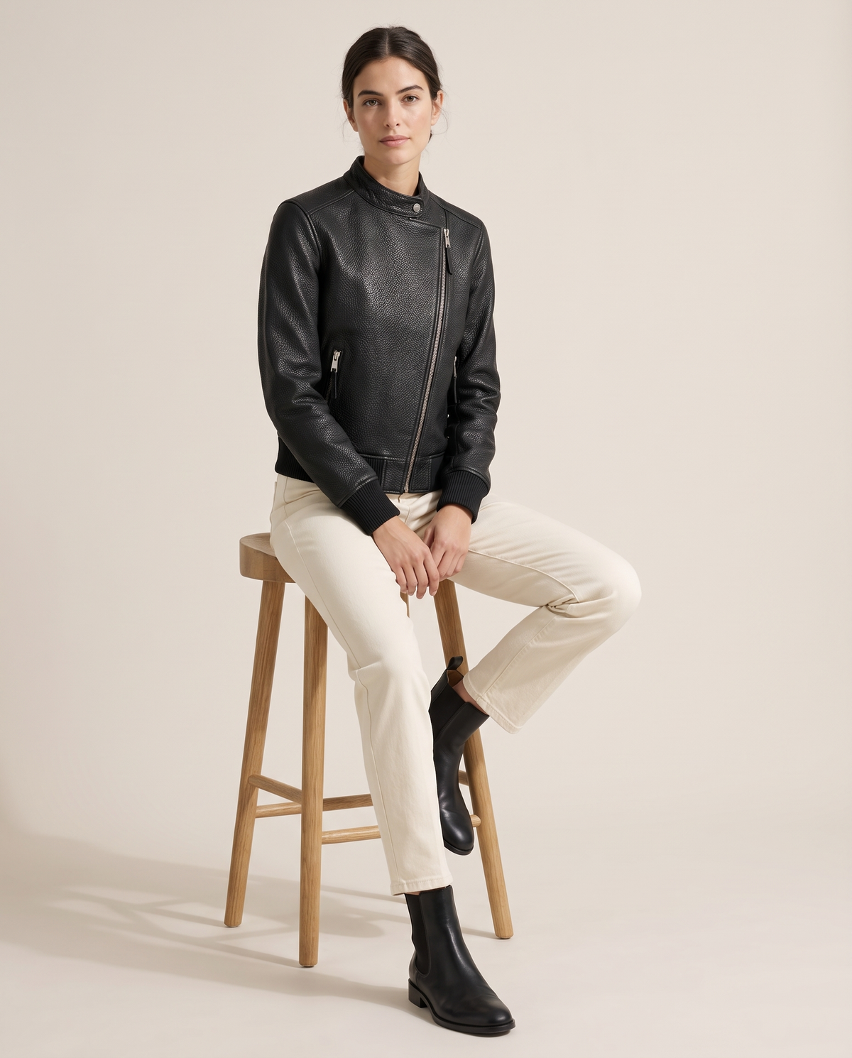Asymmetric Zip Moto Jacket for Women — worn seated