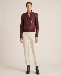 Asymmetric Zip Moto Jacket for Women — burgundy, studio front