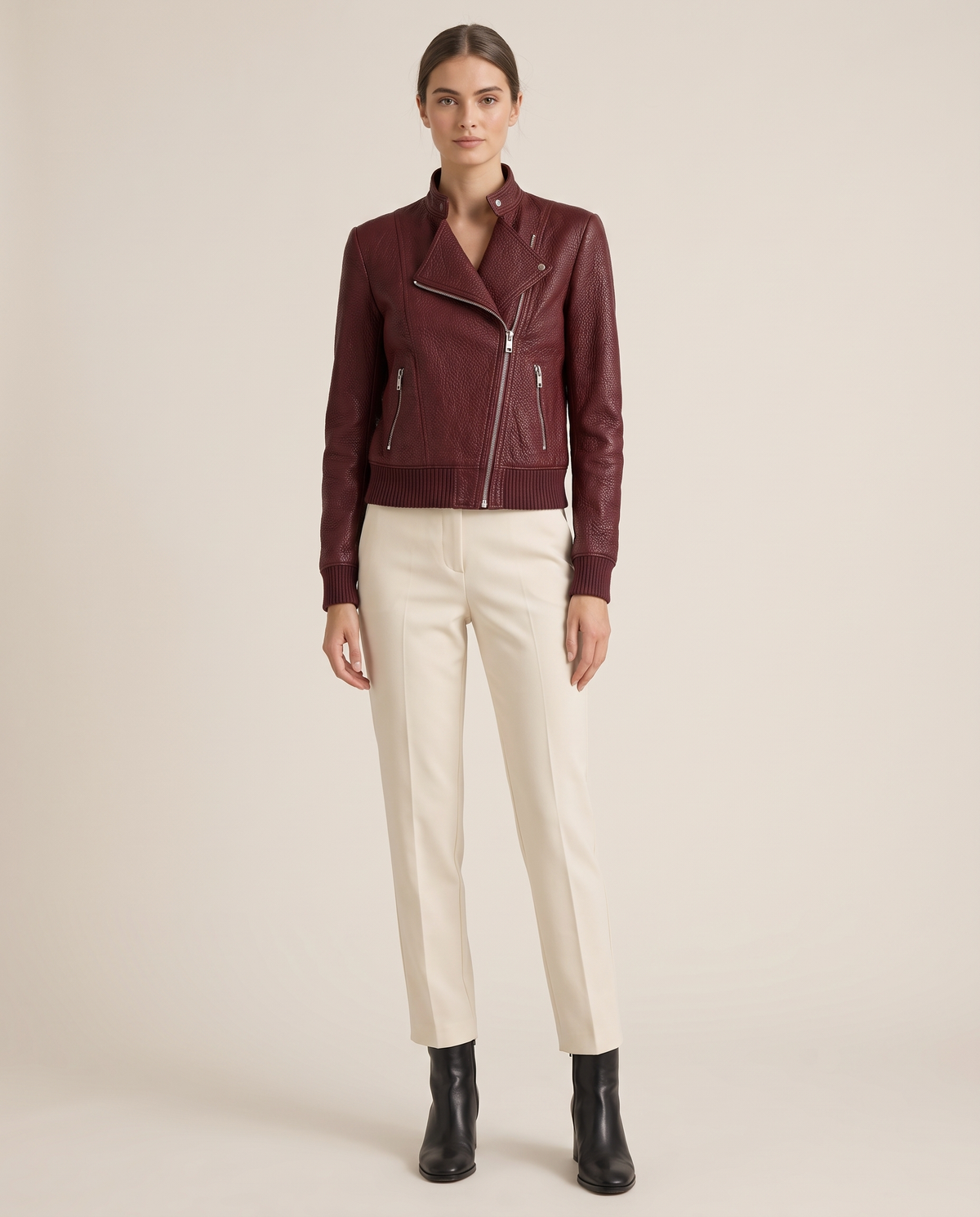 Asymmetric Zip Moto Jacket for Women — burgundy, studio front