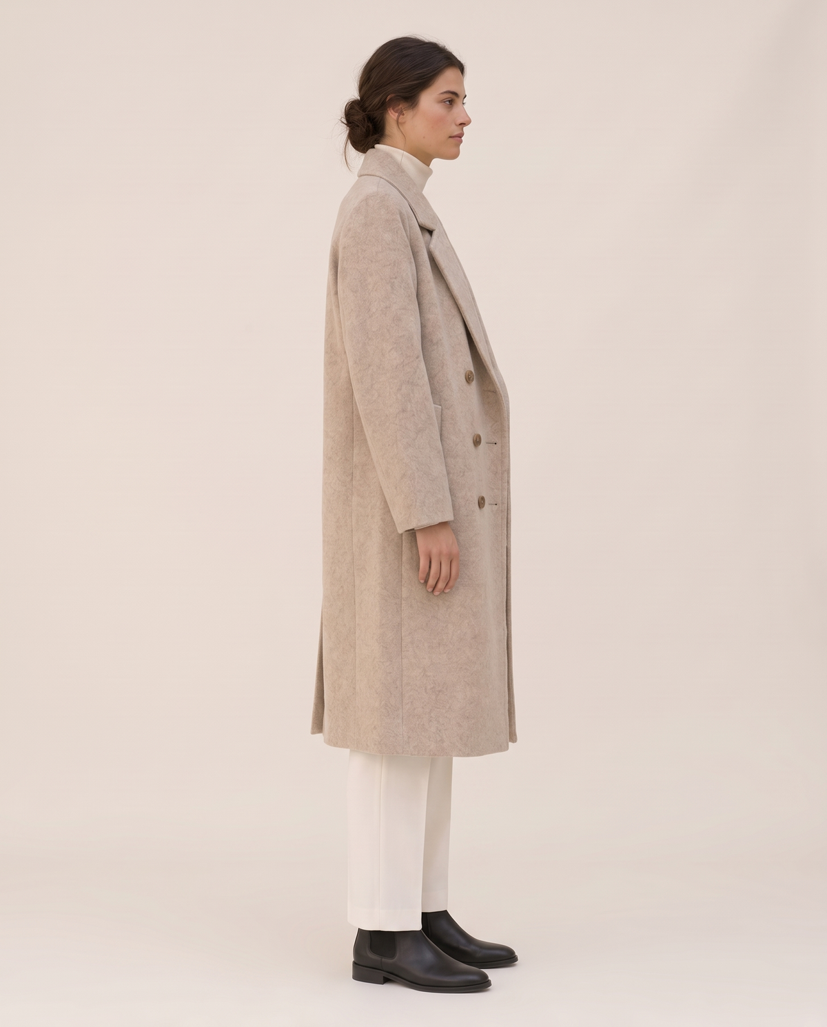 Long Double-Breasted Overcoat for Women — three-quarter view