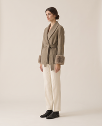 Wool-Blend Wrap Coat with Plush Cuffs — three-quarter view