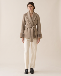 Wool-Blend Wrap Coat with Plush Cuffs — studio front