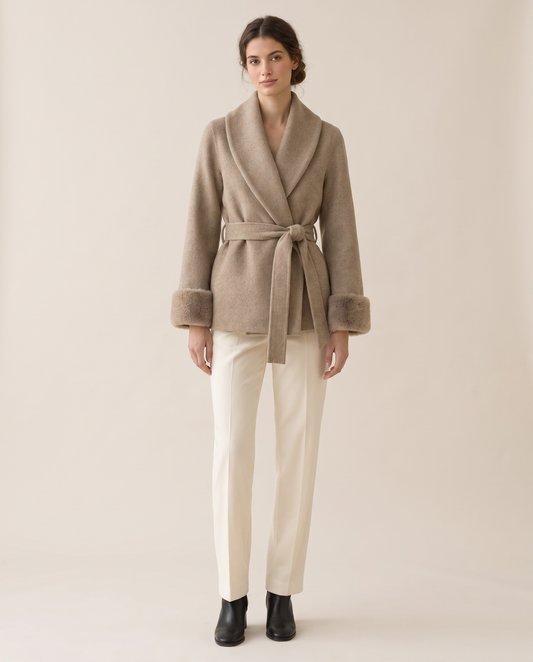 Wool-Blend Wrap Coat with Plush Cuffs — studio front
