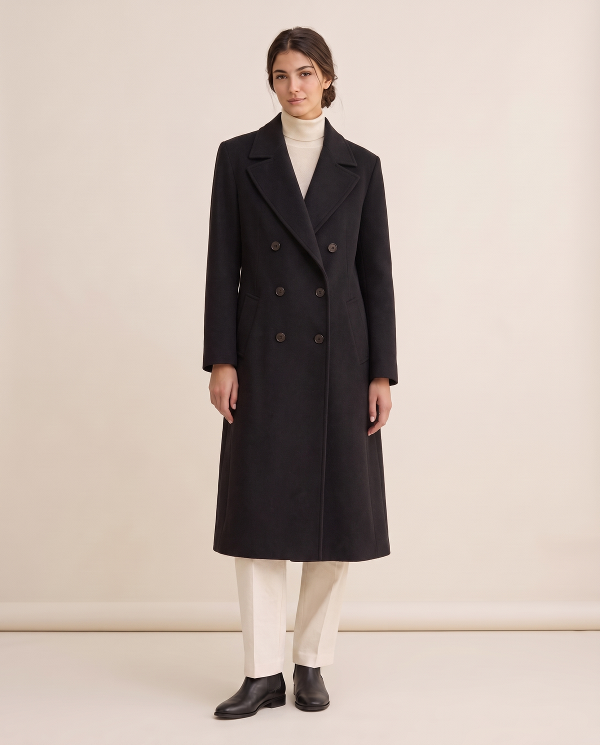 Long Double-Breasted Overcoat for Women — black, studio front
