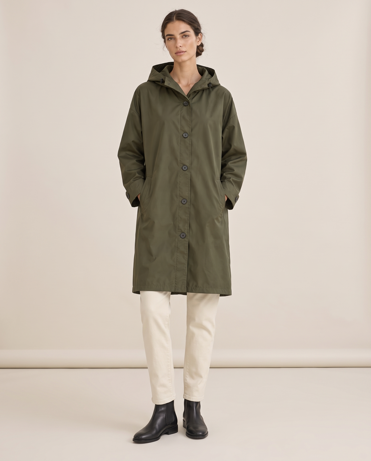 Oversized Hooded Raincoat for Women — olive, studio front