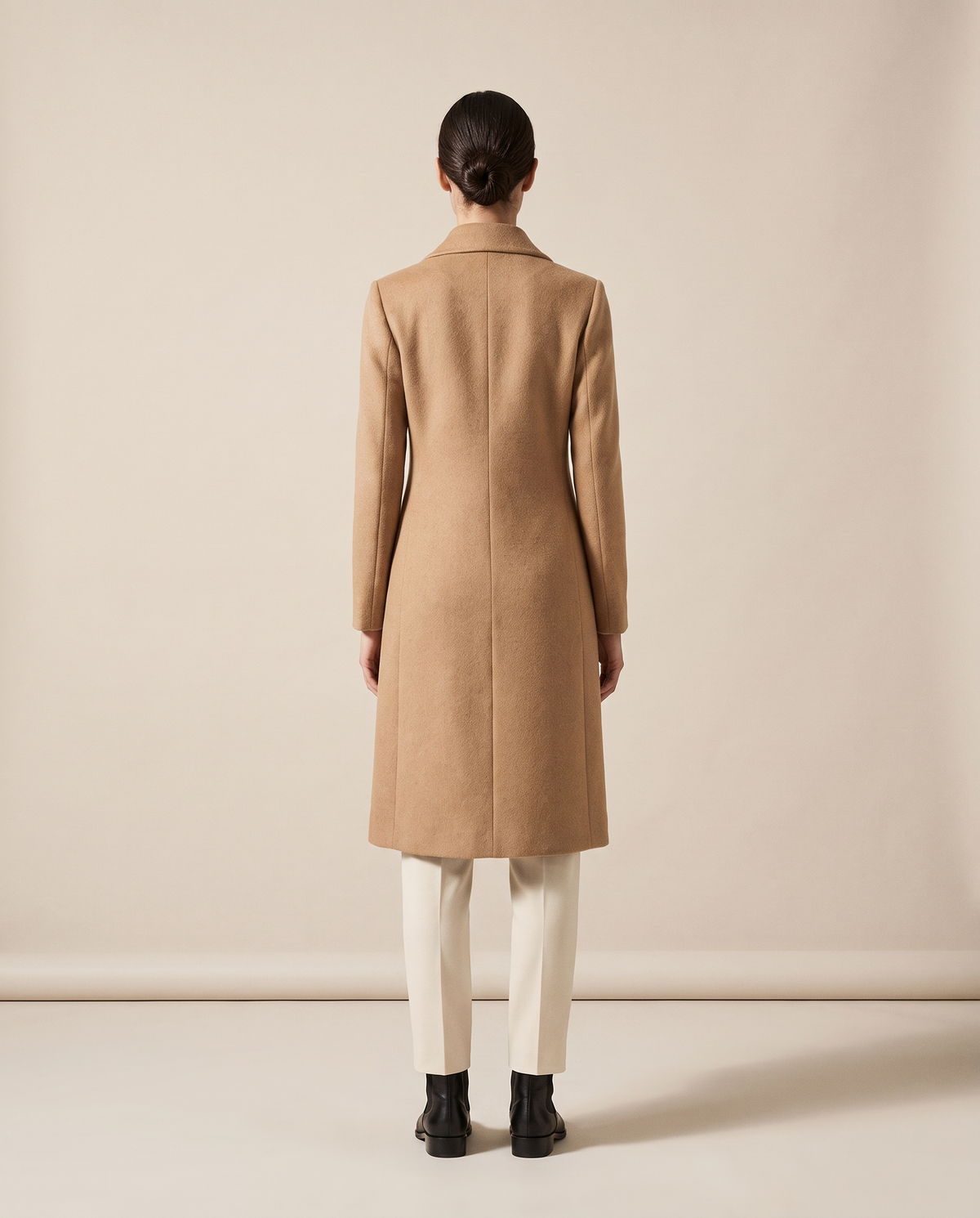 Tailored Wool-Blend Coat with Lapel Collar — studio back
