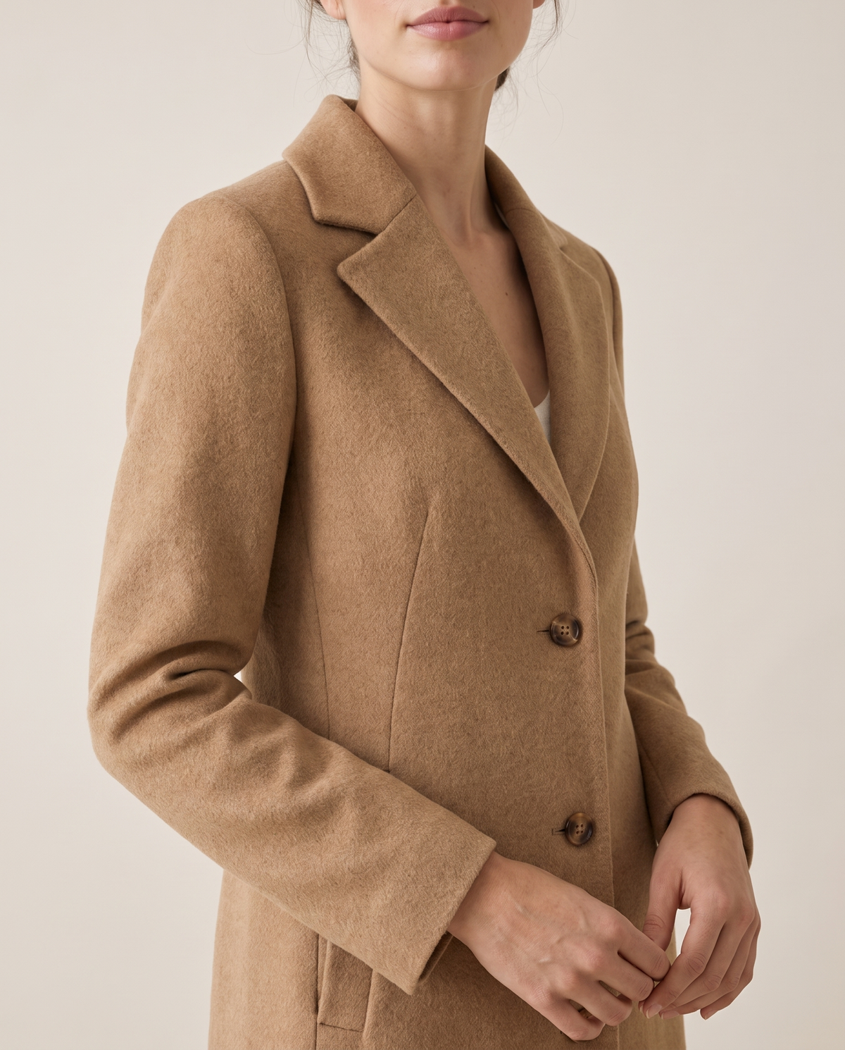 Tailored Wool-Blend Coat with Lapel Collar — lapels and buttons, worn