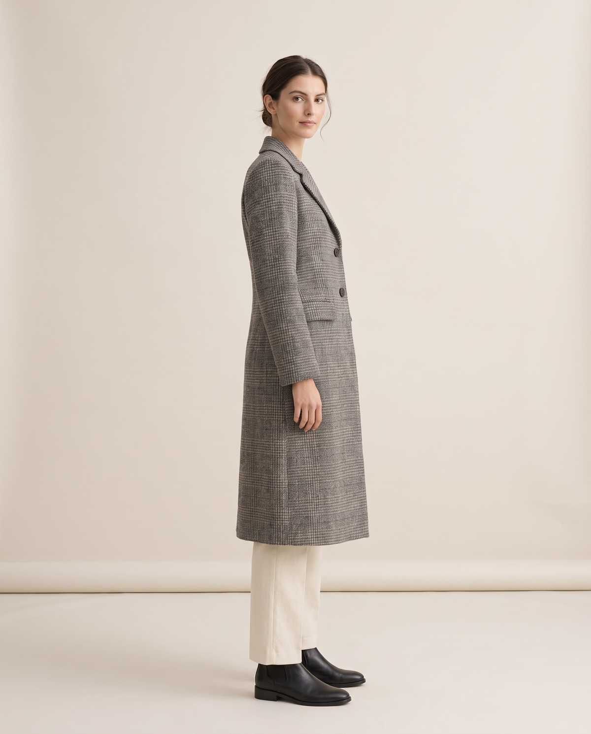 Long Checked Wool-Blend Coat — three-quarter view