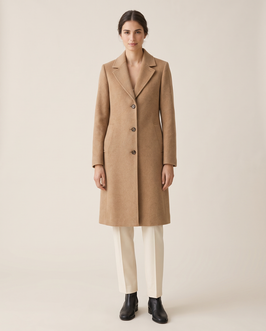 Tailored Wool-Blend Coat with Lapel Collar — studio front