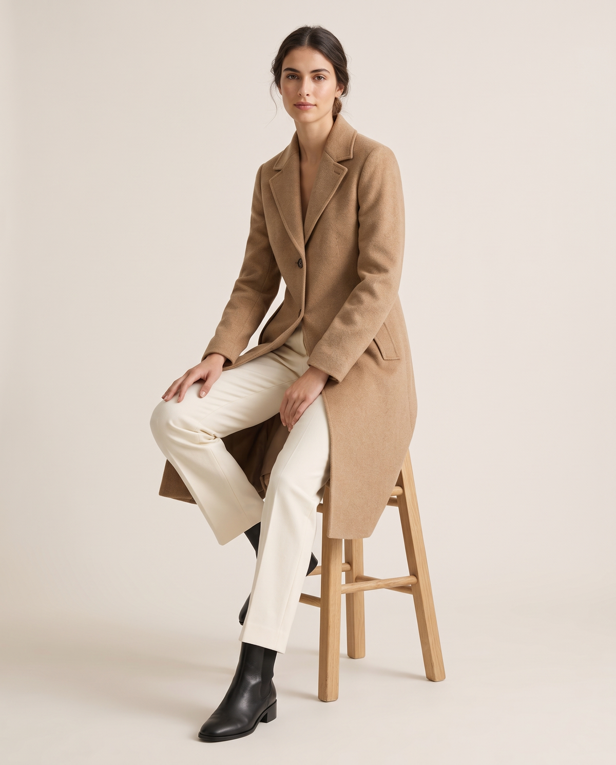 Tailored Wool-Blend Coat with Lapel Collar — worn seated
