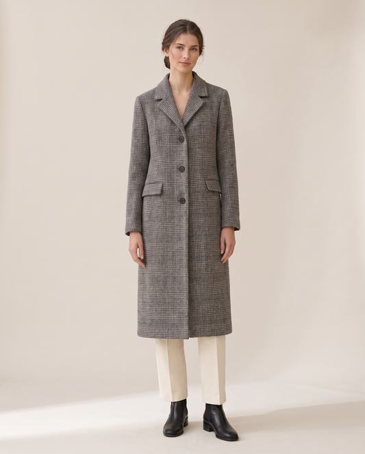 Long Checked Wool-Blend Coat — studio front