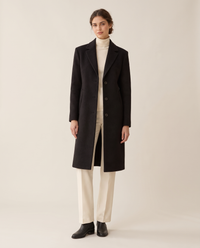 Tailored Wool-Blend Coat with Lapel Collar — black, studio front