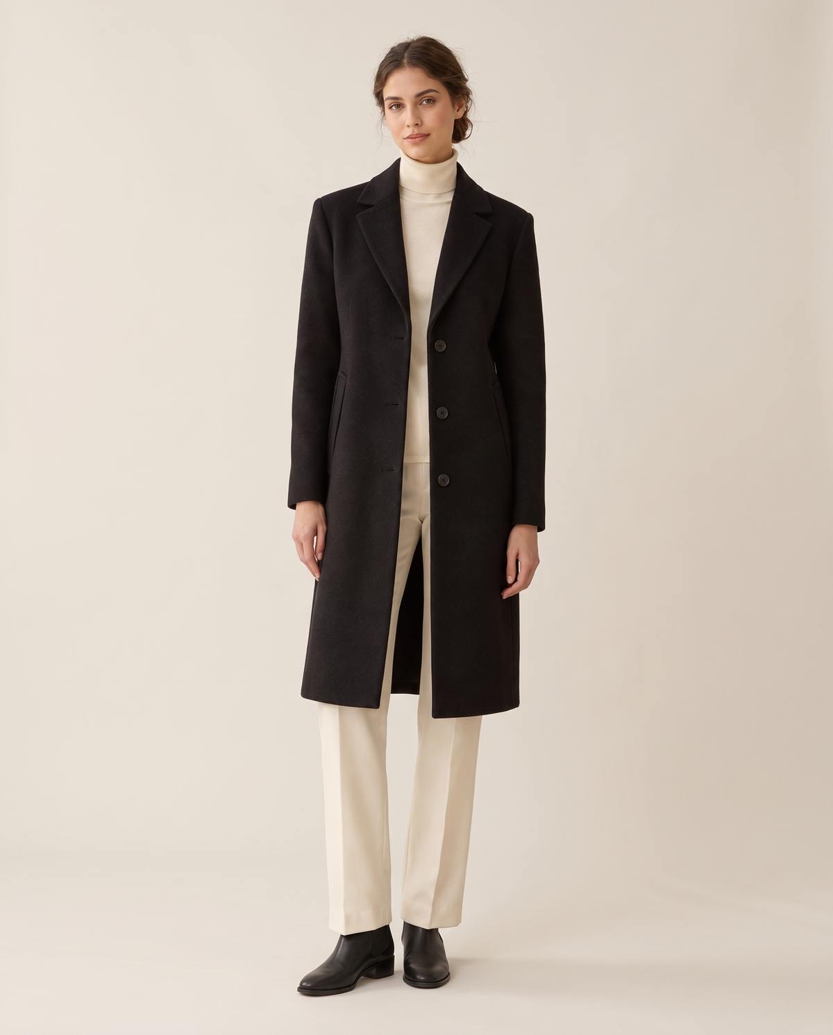 Tailored Wool-Blend Coat with Lapel Collar — black, studio front