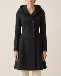 Fitted Hooded Coat with Textured Finish — hood and buttons, worn