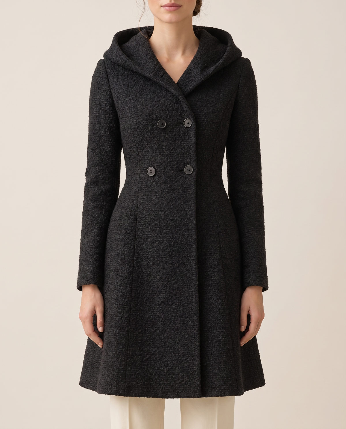 Fitted Hooded Coat with Textured Finish — hood and buttons, worn