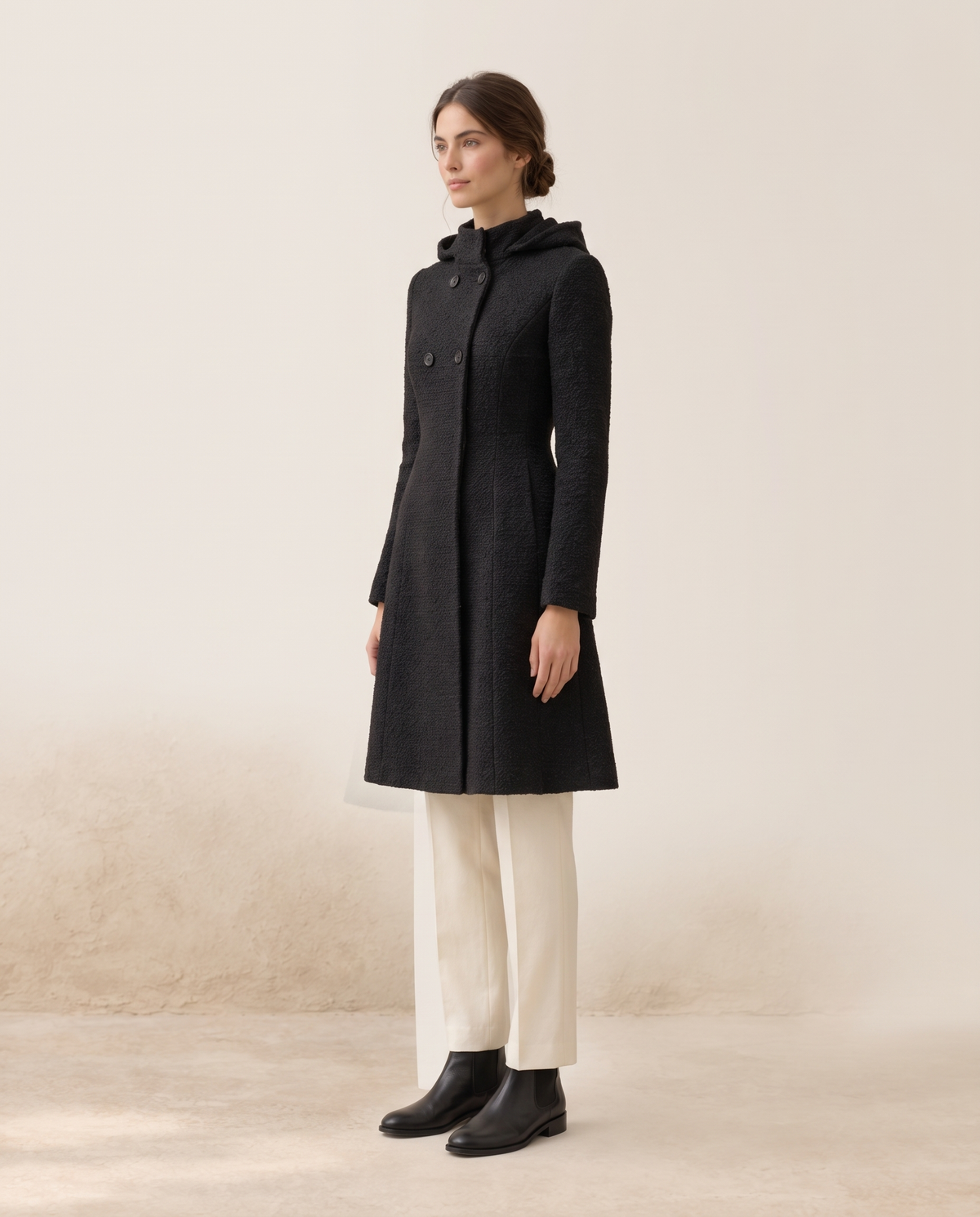 Fitted Hooded Coat with Textured Finish — three-quarter view