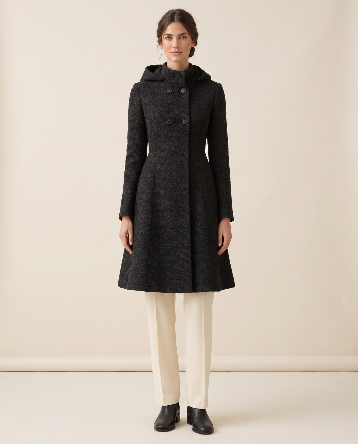 Fitted Hooded Coat with Textured Finish — studio front