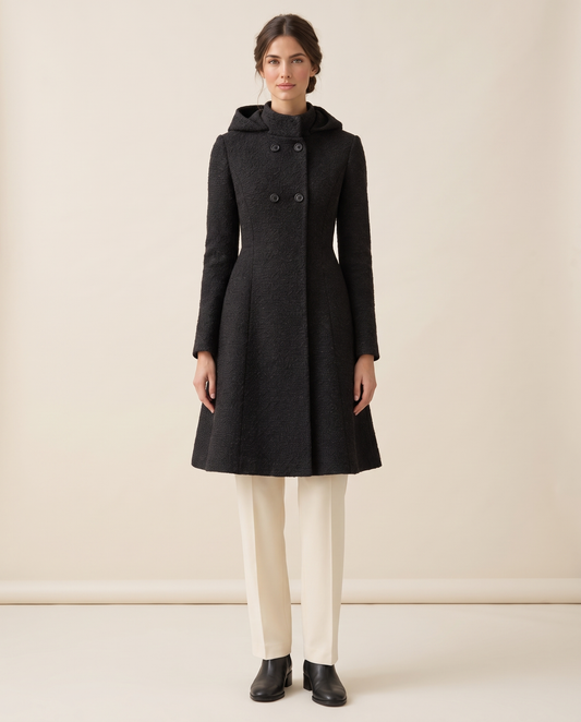 Fitted Hooded Coat with Textured Finish — studio front
