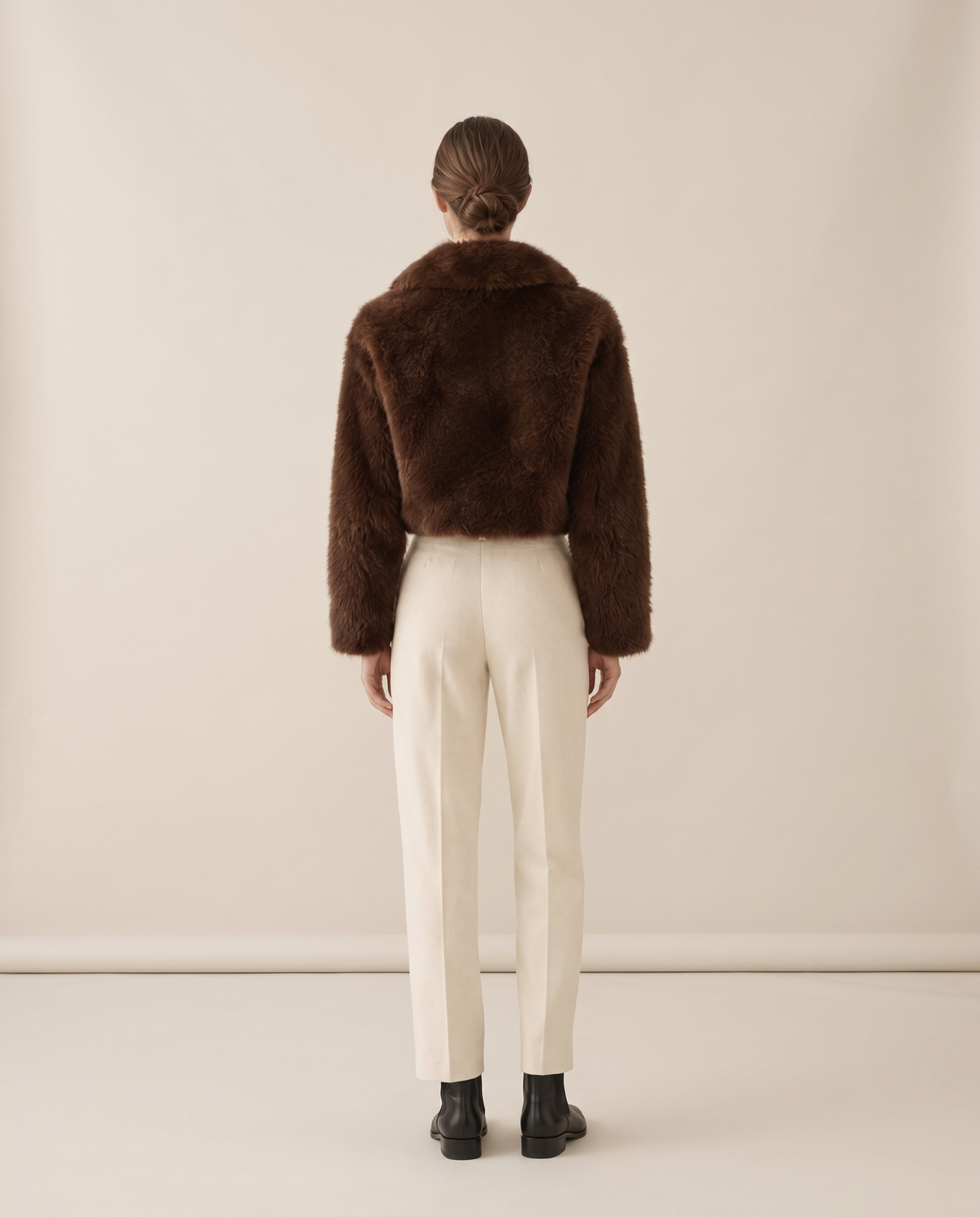 Cropped Faux Fur Coat with Shawl Collar — studio back