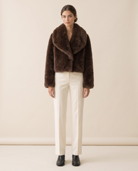 Cropped Faux Fur Coat with Shawl Collar — studio front