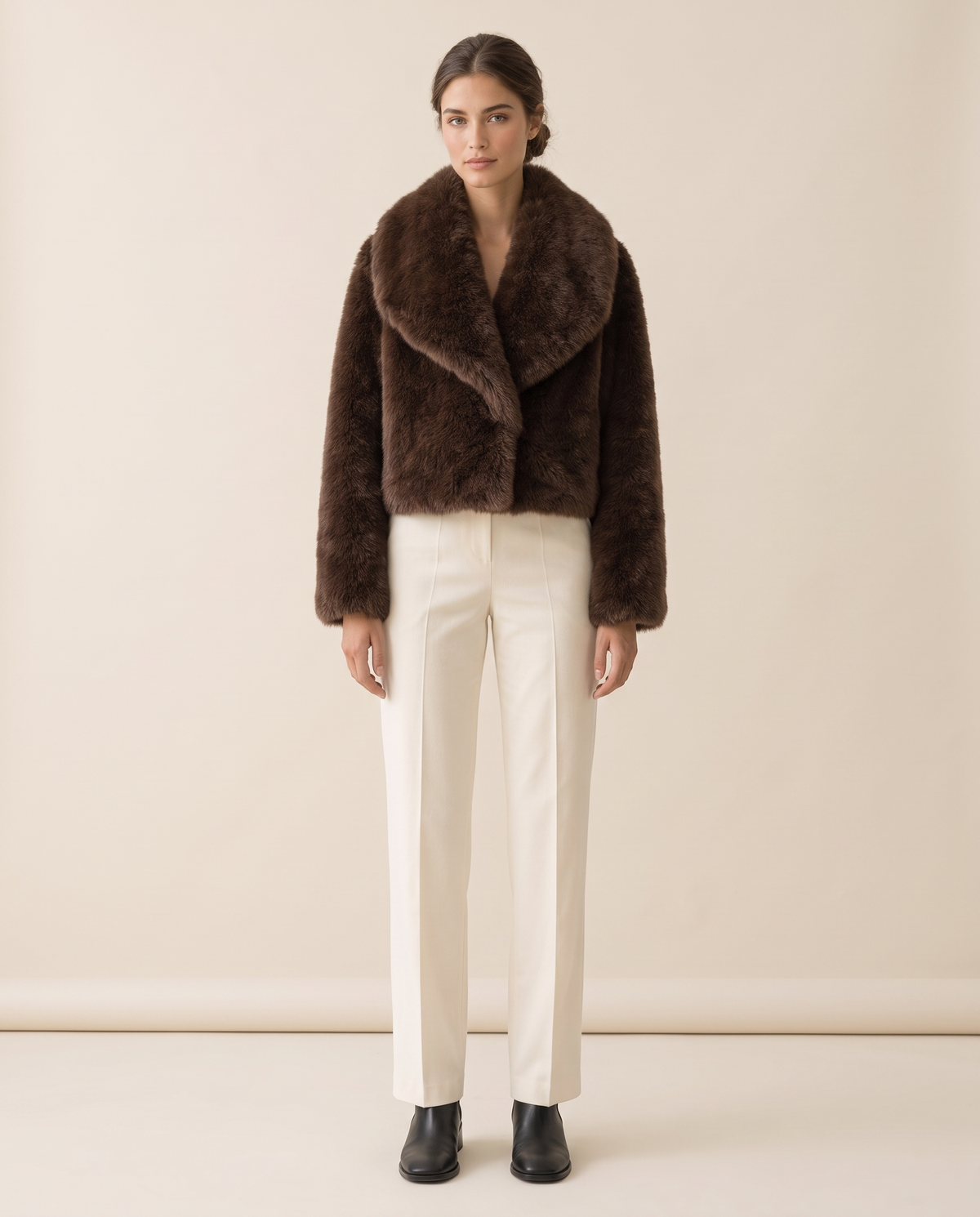 Cropped Faux Fur Coat with Shawl Collar — studio front