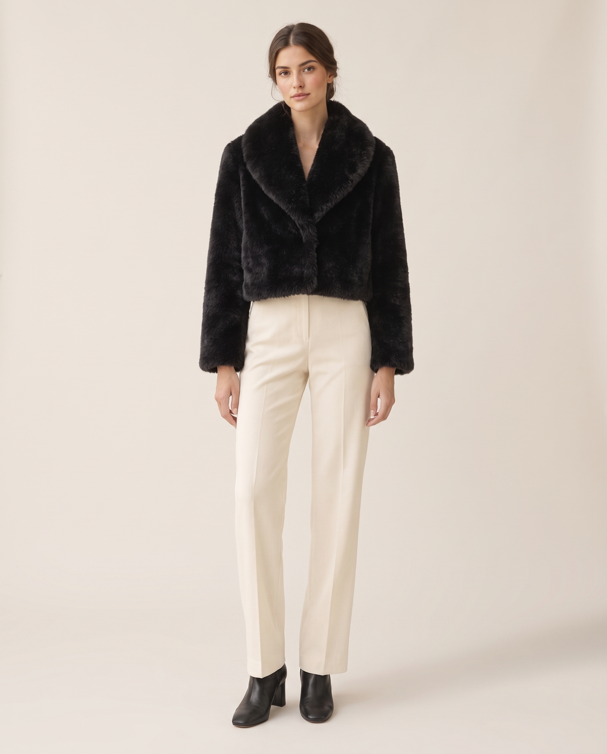 Cropped Faux Fur Coat with Shawl Collar — black, studio front