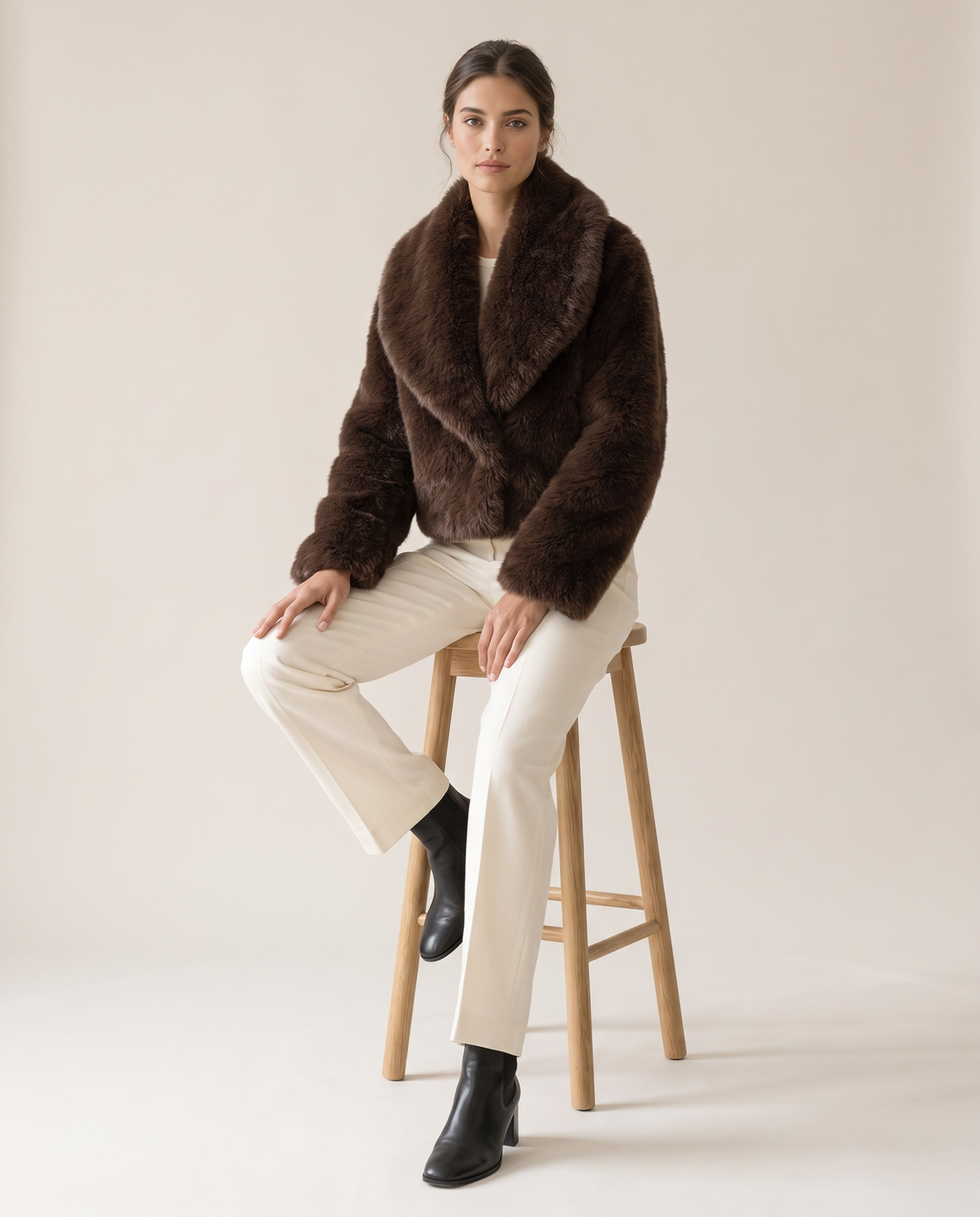 Cropped Faux Fur Coat with Shawl Collar — worn seated