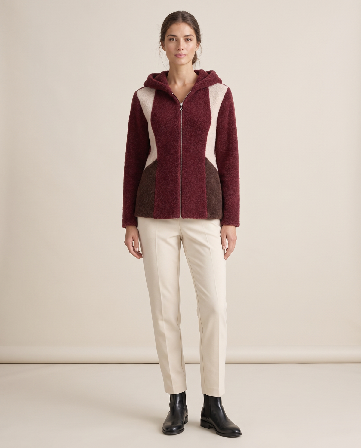 Color-Block Plush Hooded Jacket — burgundy, studio front