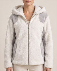 Color-Block Plush Hooded Jacket — color-block panels and zip, worn