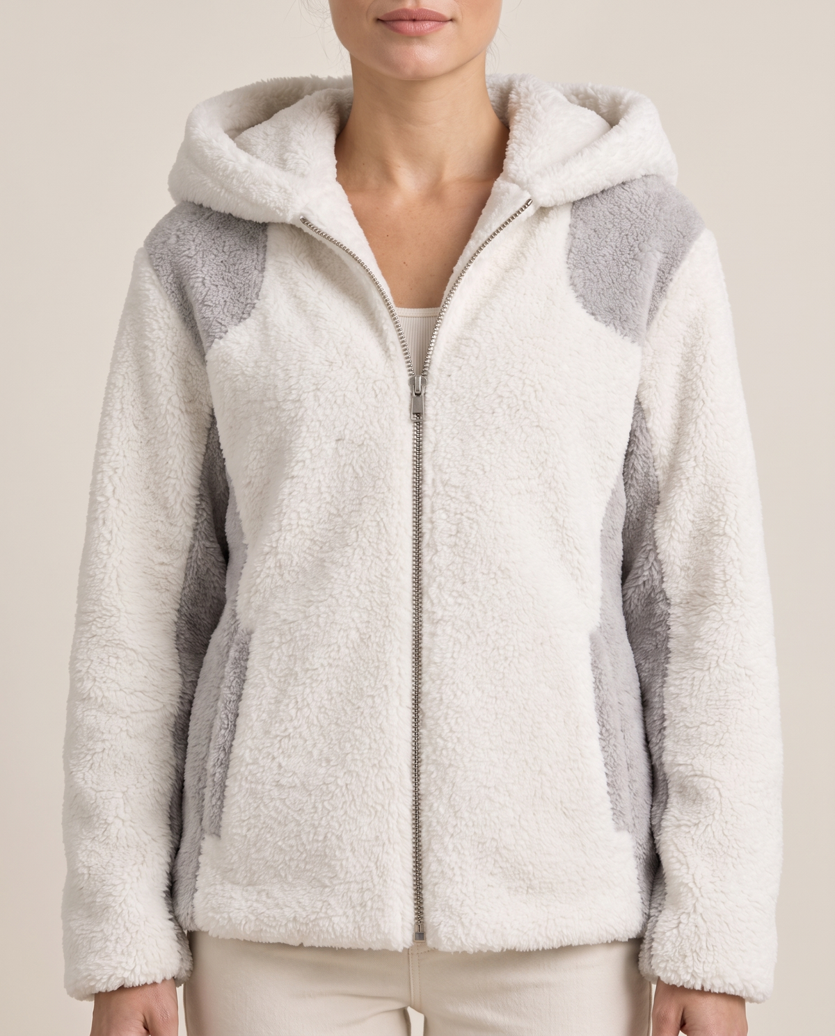 Color-Block Plush Hooded Jacket — color-block panels and zip, worn