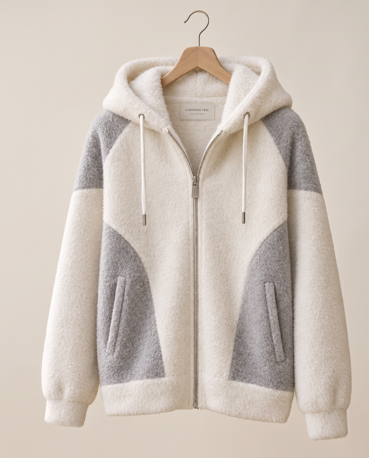 Color-Block Plush Hooded Jacket — on hanger