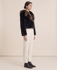 Patchwork Faux Fur Coat or Vest with Hood — three-quarter view