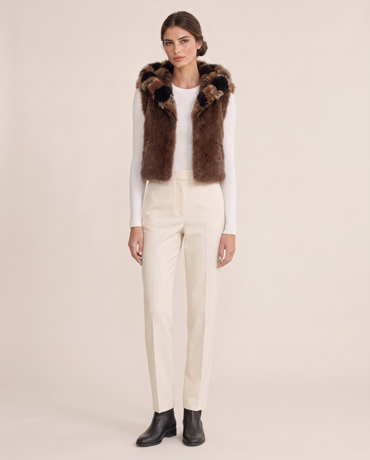 Patchwork Faux Fur Coat or Vest with Hood — vest version, studio front