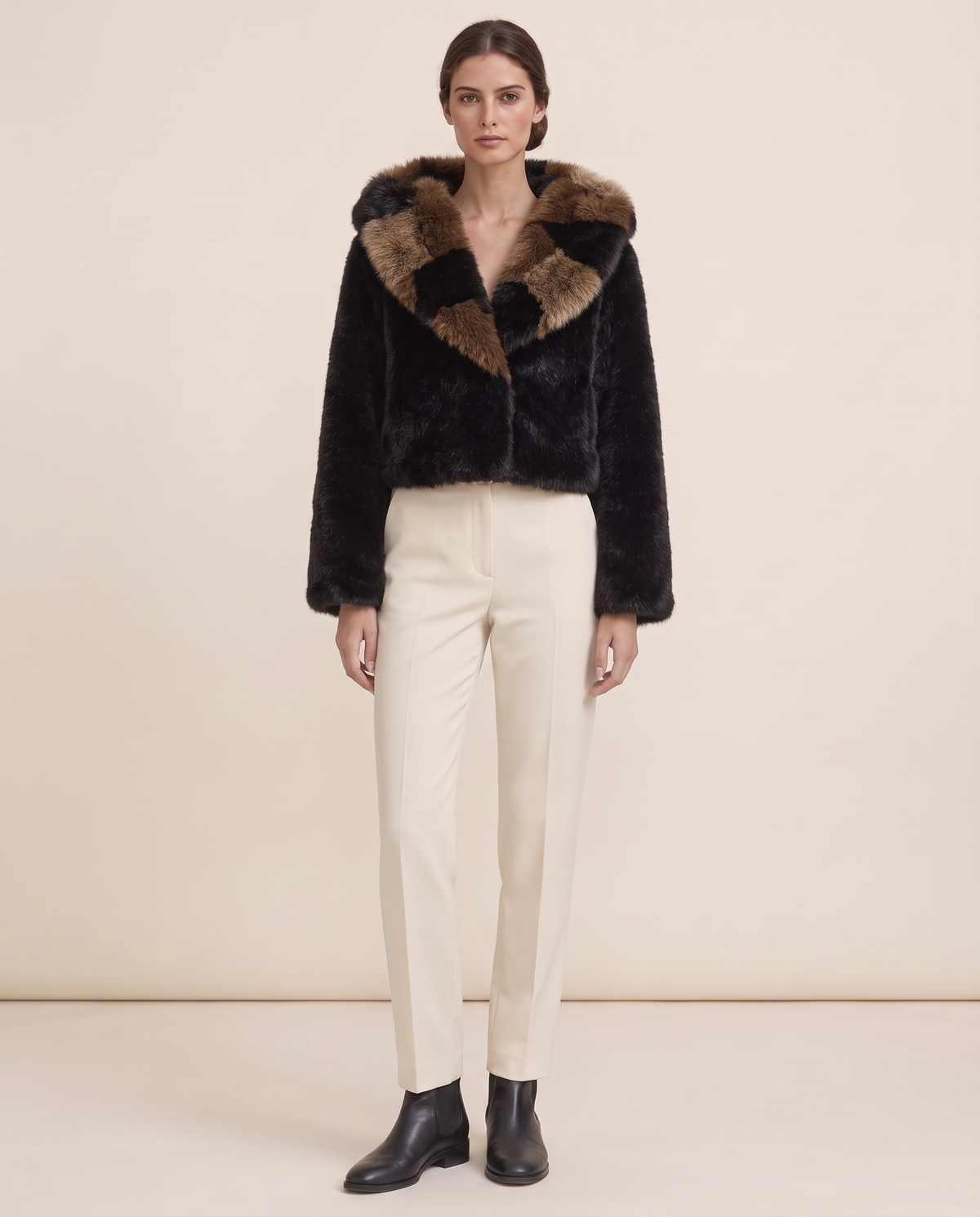 Patchwork Faux Fur Coat or Vest with Hood — studio front