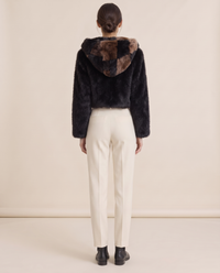 Patchwork Faux Fur Coat or Vest with Hood — studio back