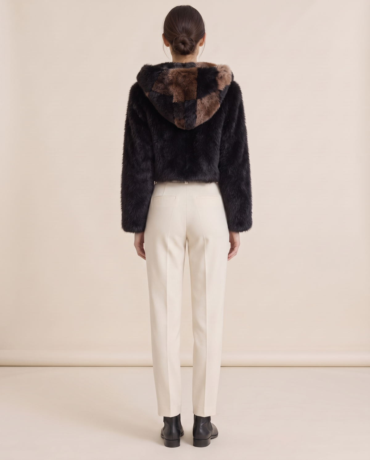 Patchwork Faux Fur Coat or Vest with Hood — studio back