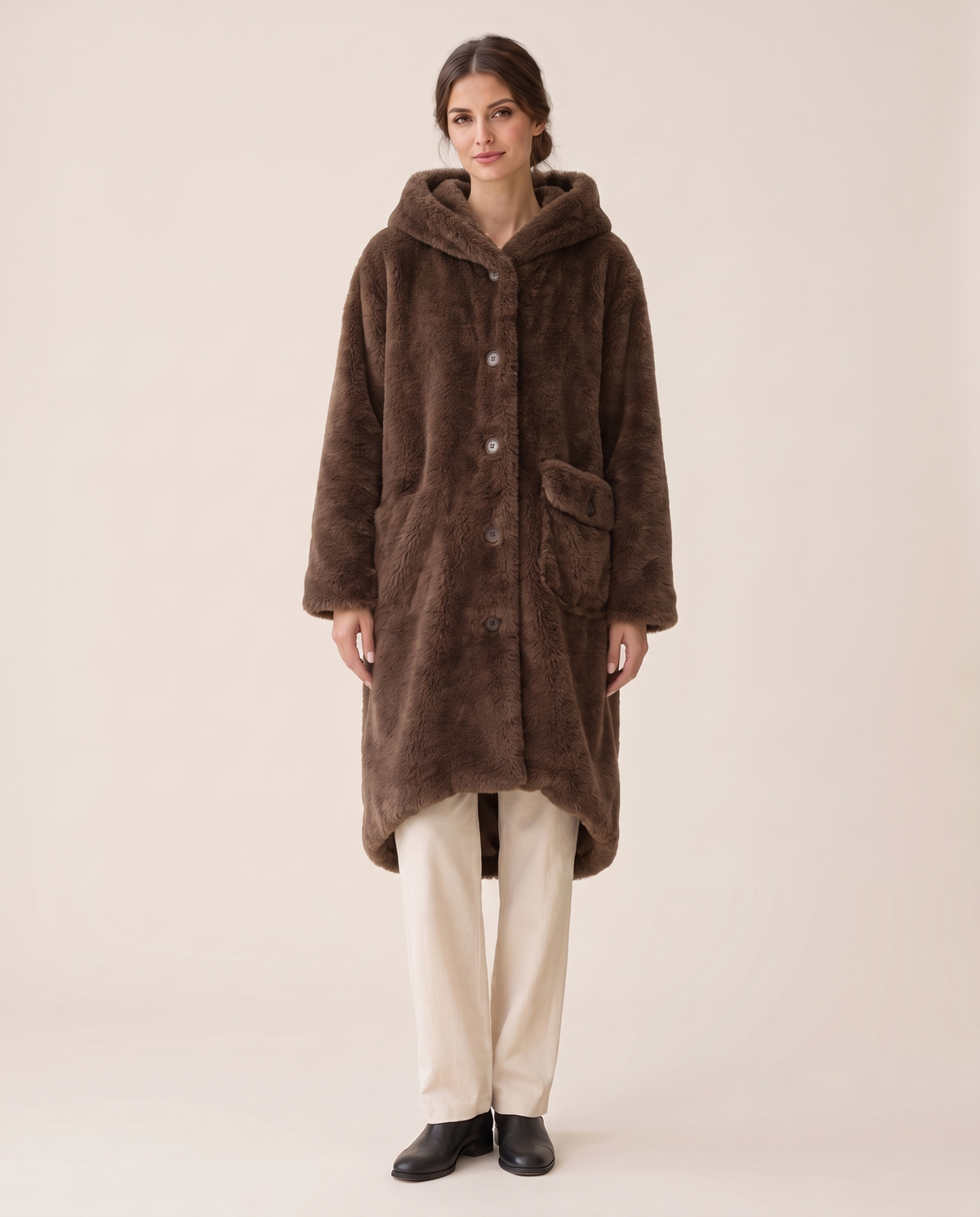 Hooded Faux Fur Longline Coat — studio front