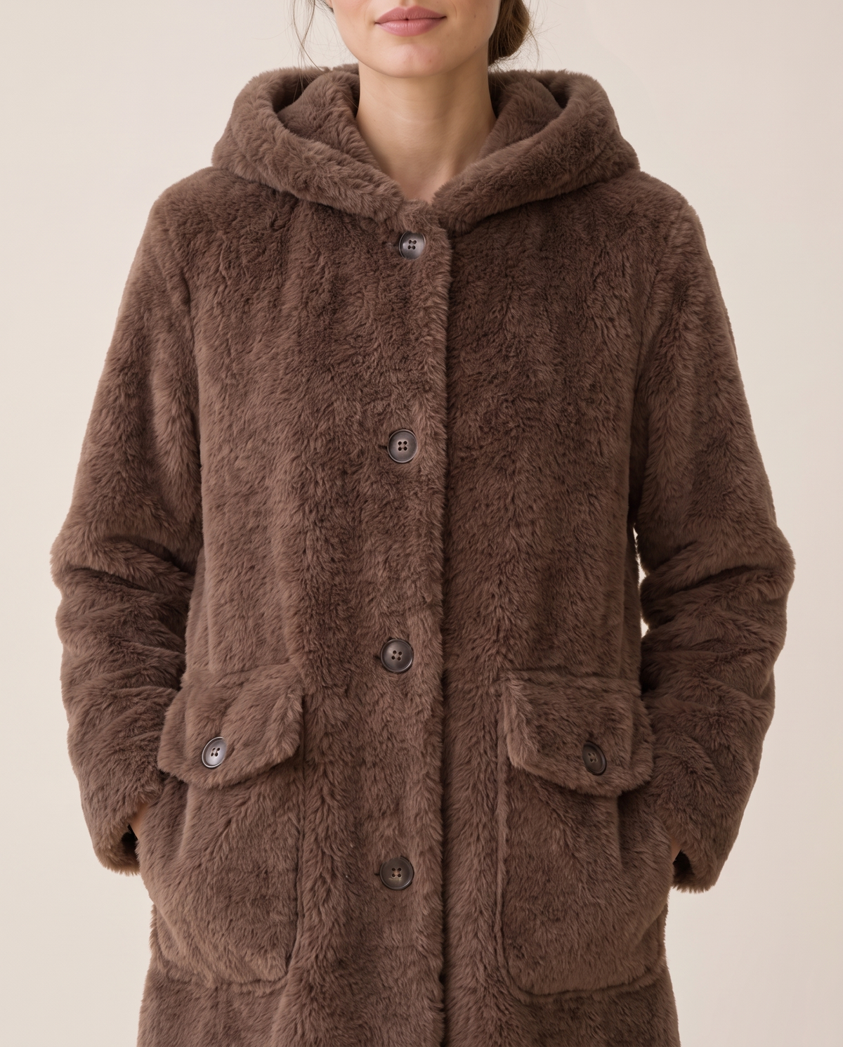 Hooded Faux Fur Longline Coat — buttons and pockets, worn