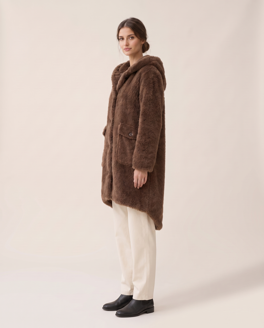 Hooded Faux Fur Longline Coat — three-quarter view