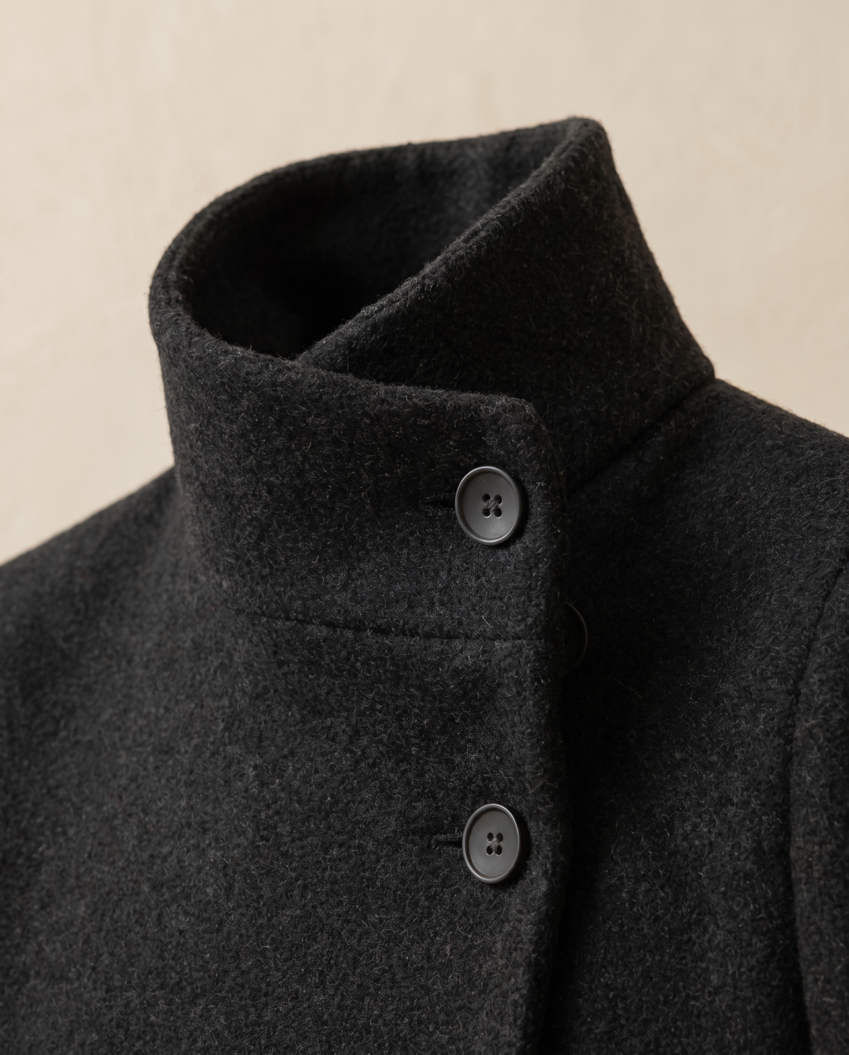 Wool-Blend Coat with Tall Stand Collar — collar and buttons close-up