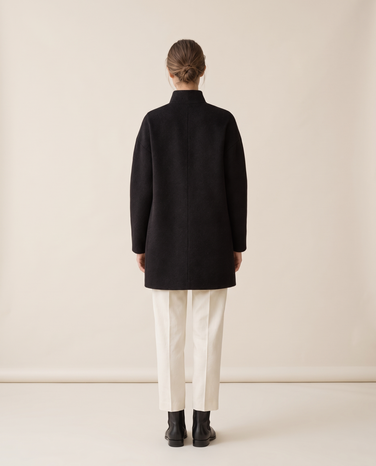 Wool-Blend Coat with Tall Stand Collar — studio back
