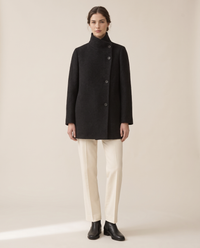 Wool-Blend Coat with Tall Stand Collar — studio front