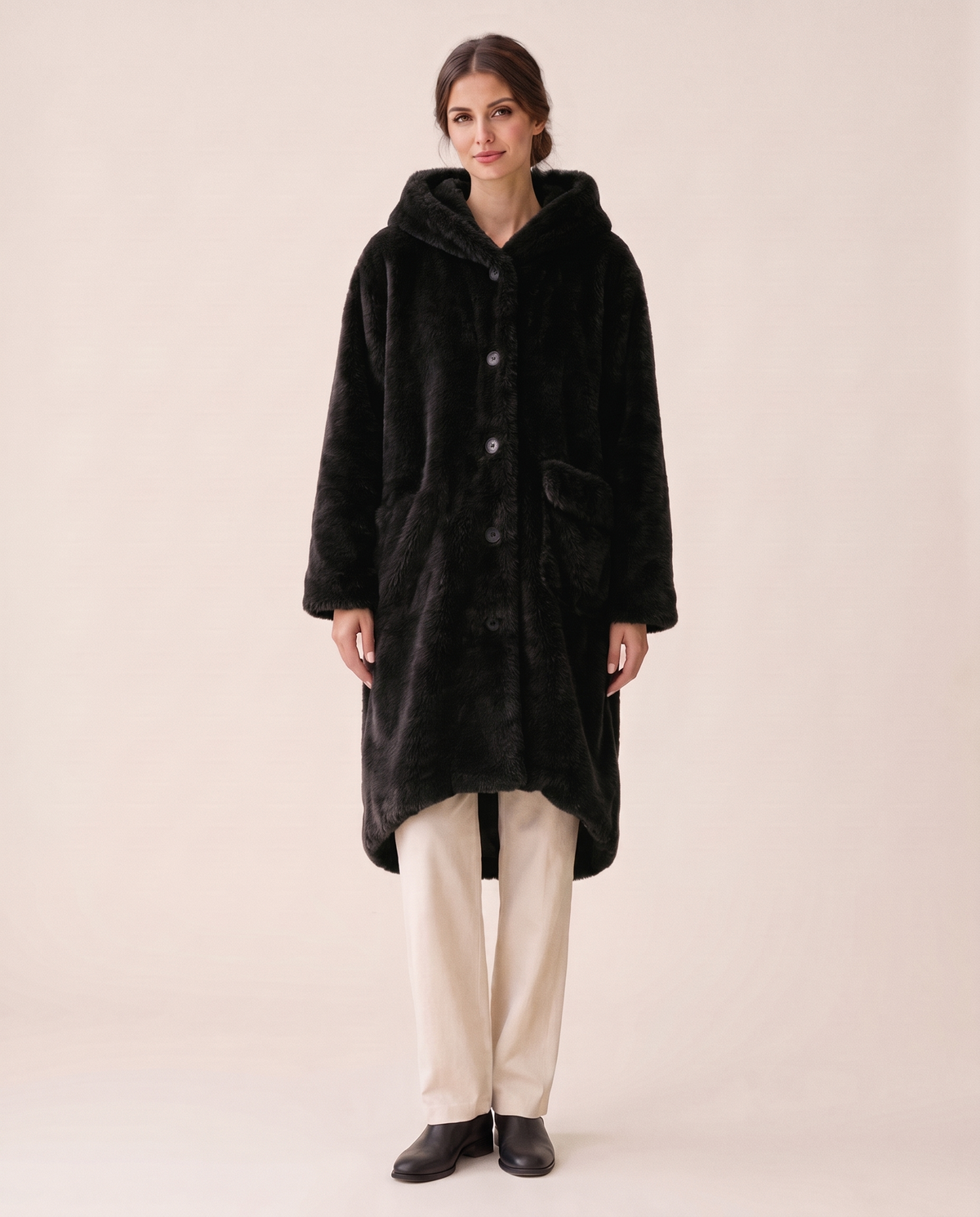 Hooded Faux Fur Longline Coat — black, studio front