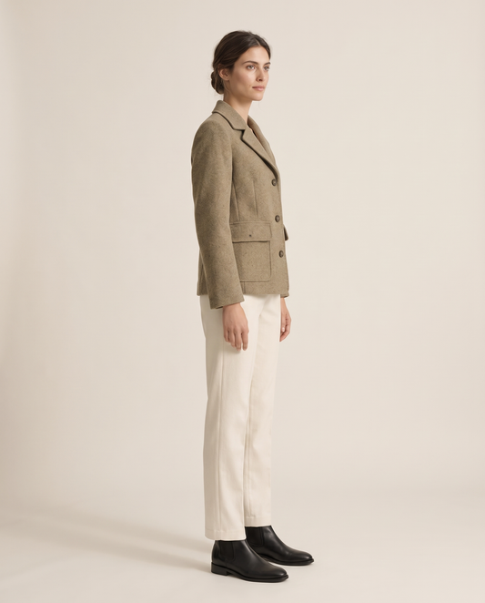 Short Wool-Blend Coat with Notched Collar — three-quarter view