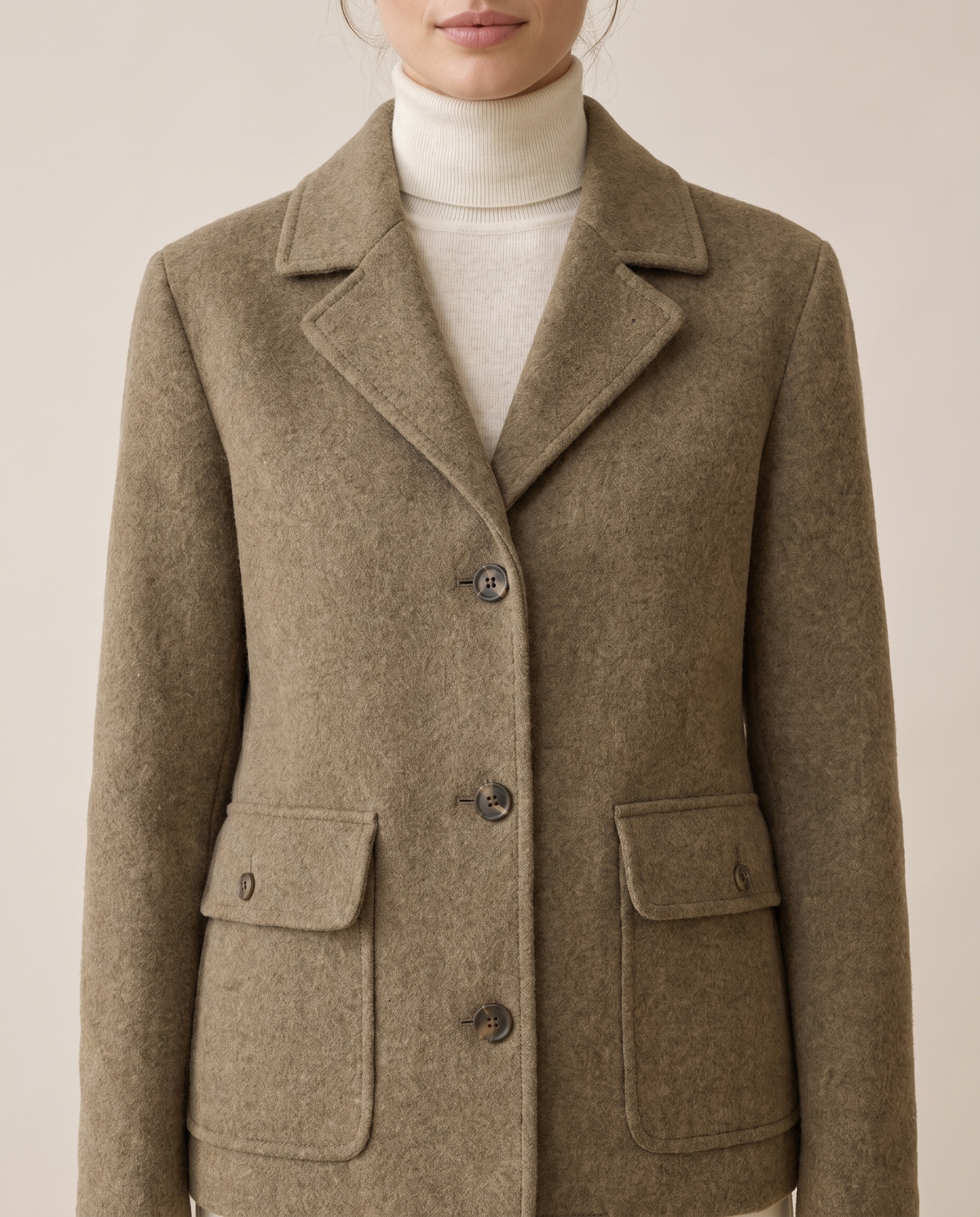 Short Wool-Blend Coat with Notched Collar — collar and pockets, worn