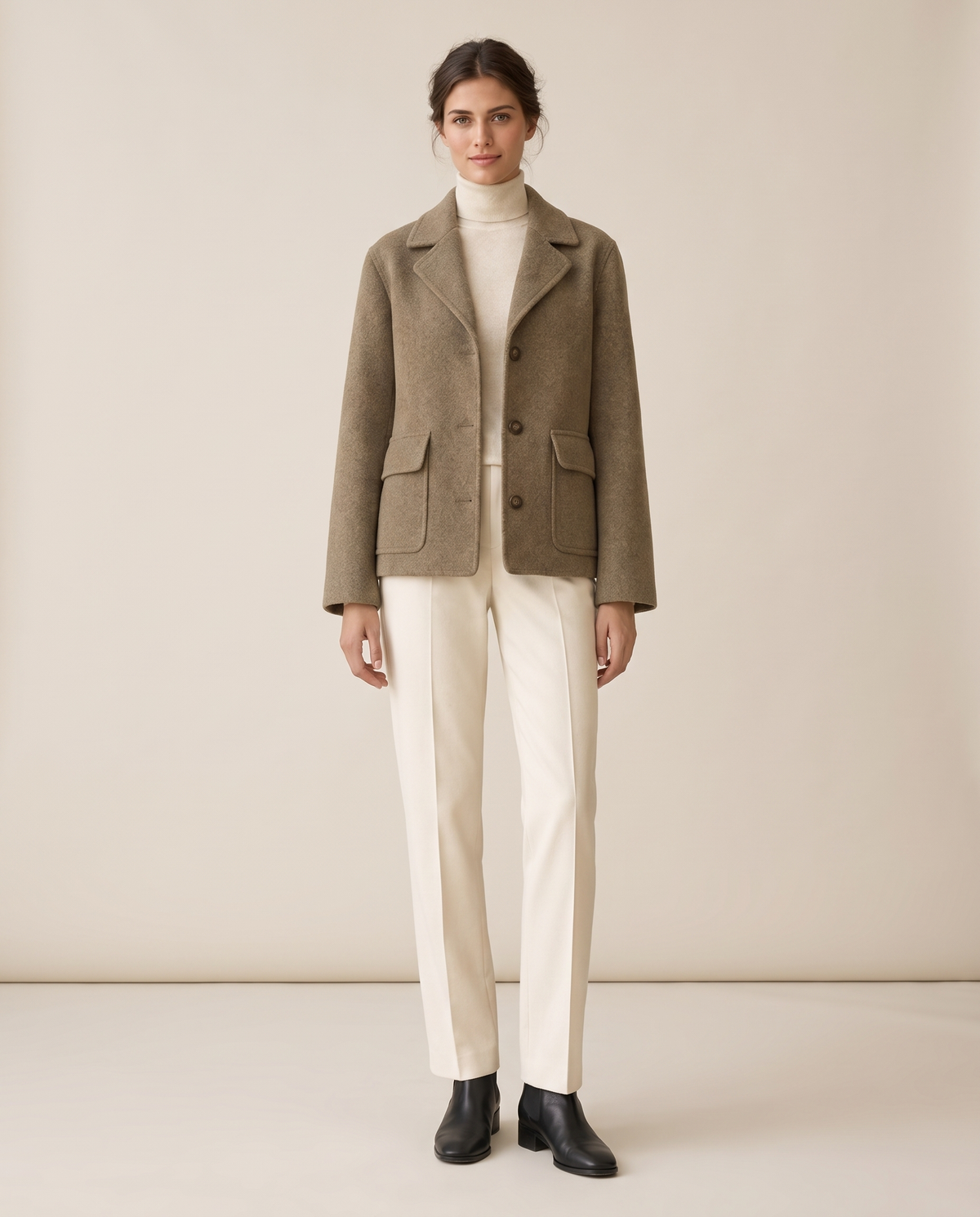 Short Wool-Blend Coat with Notched Collar — studio front