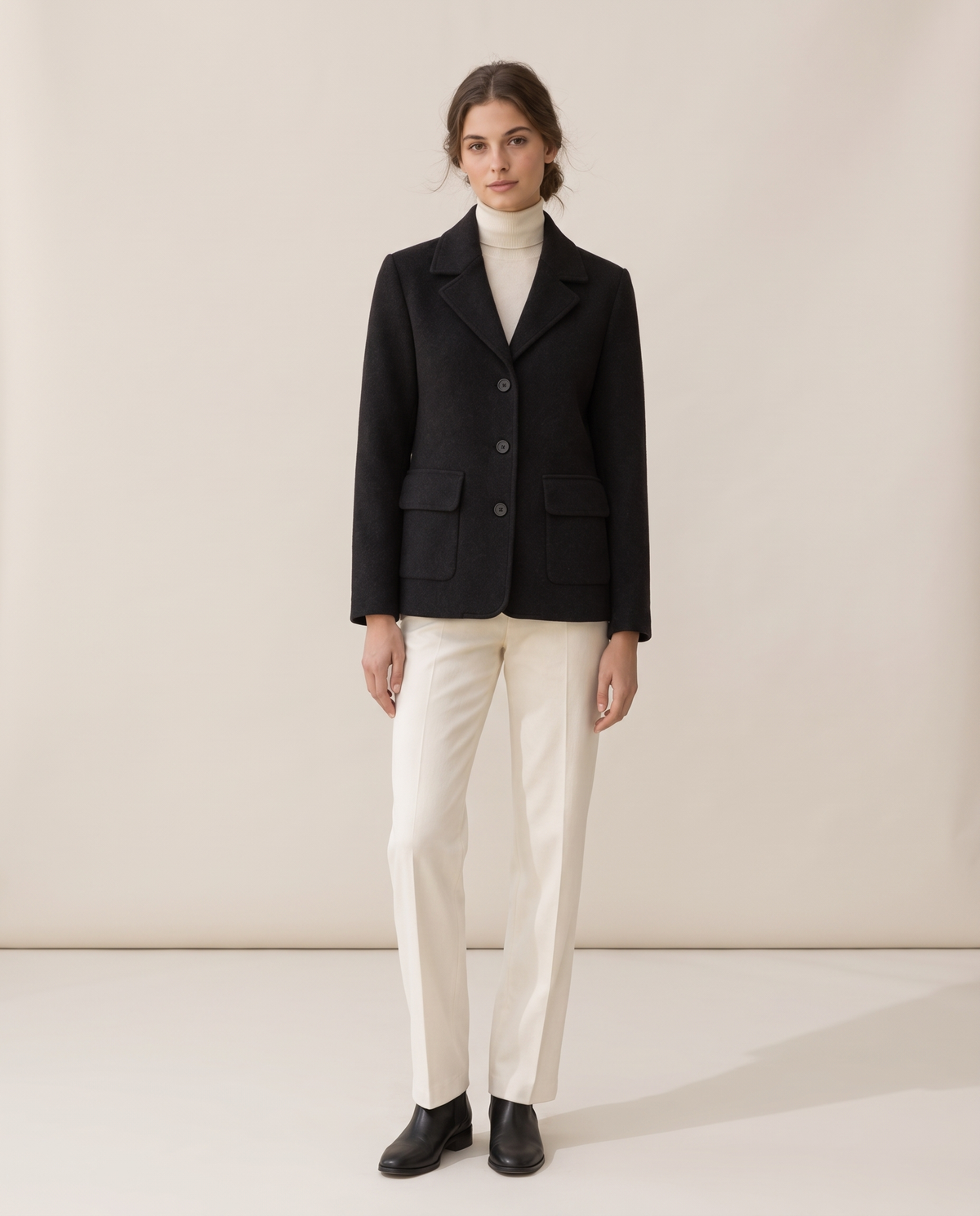 Short Wool-Blend Coat with Notched Collar — black, studio front