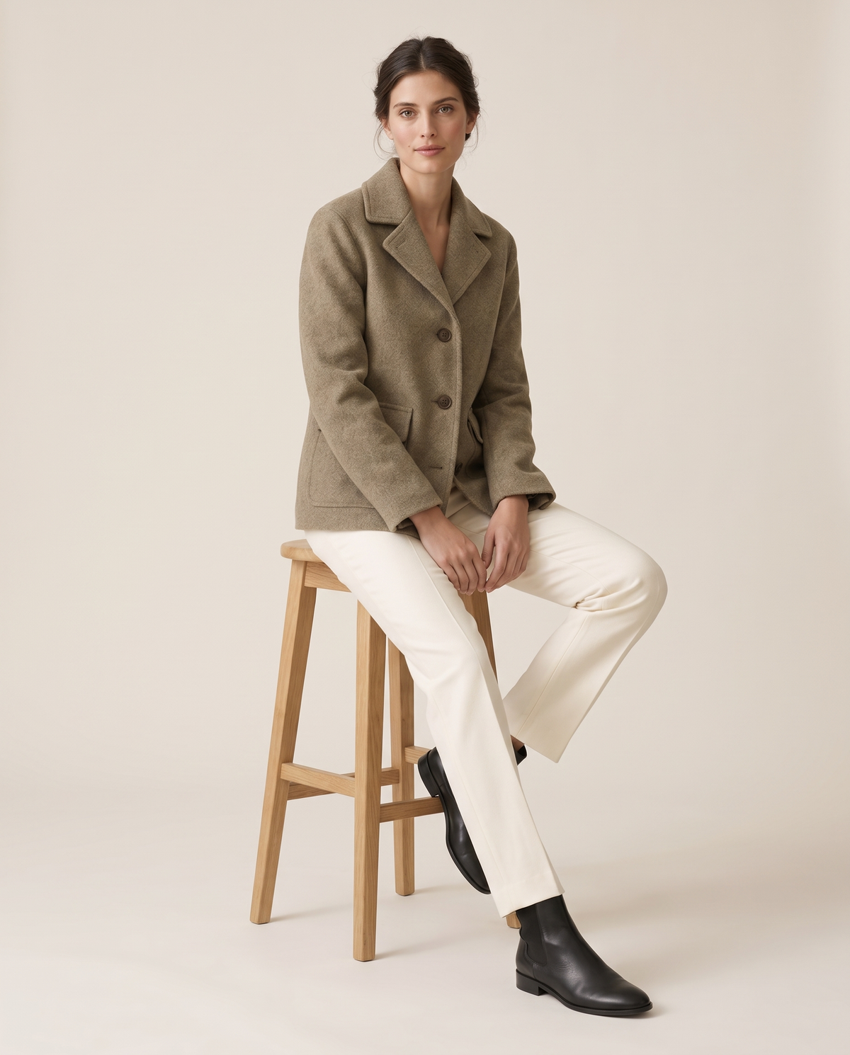 Short Wool-Blend Coat with Notched Collar — worn seated