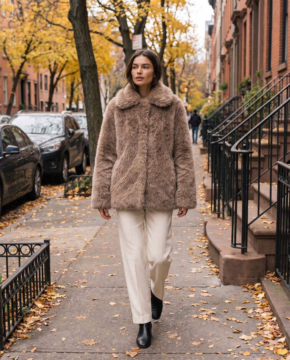 Thick Faux Fur Jacket for Women — worn on a New York street in autumn