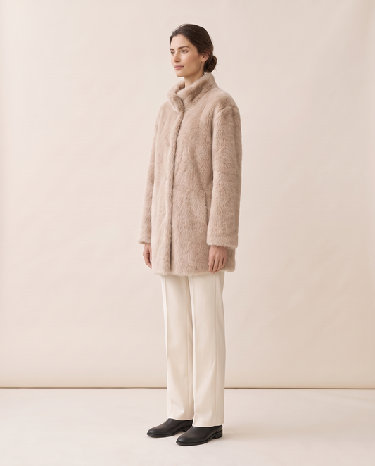 Faux Fur Coat with Quilted Lining — three-quarter view